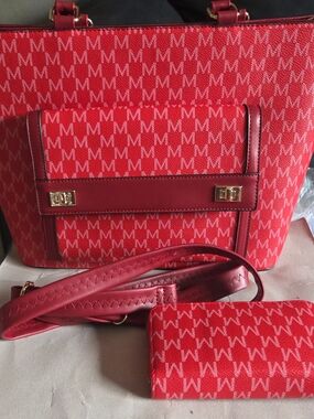 Red & Khaki Monogram Tote Bag with Wallet - Women Bags